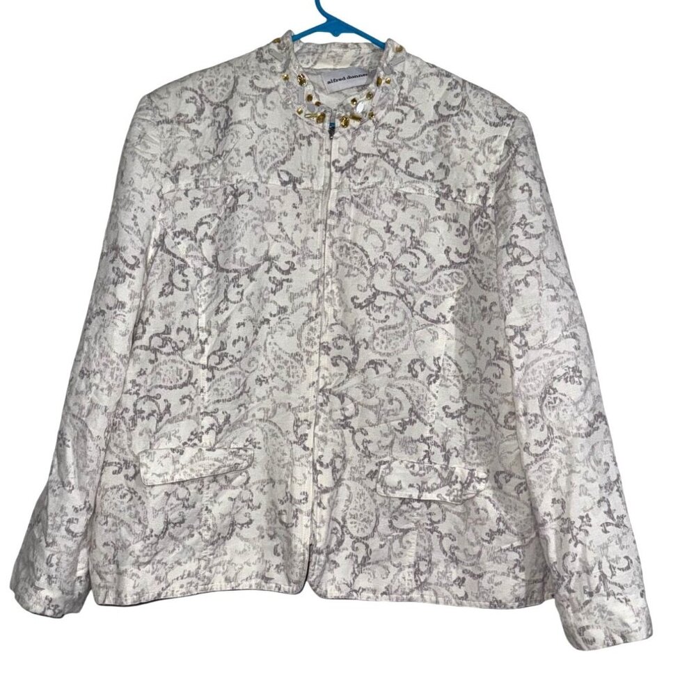 Alfred Dunner White & Gray Embellished Floral Jacket Size 18 Cotton Blend Made I